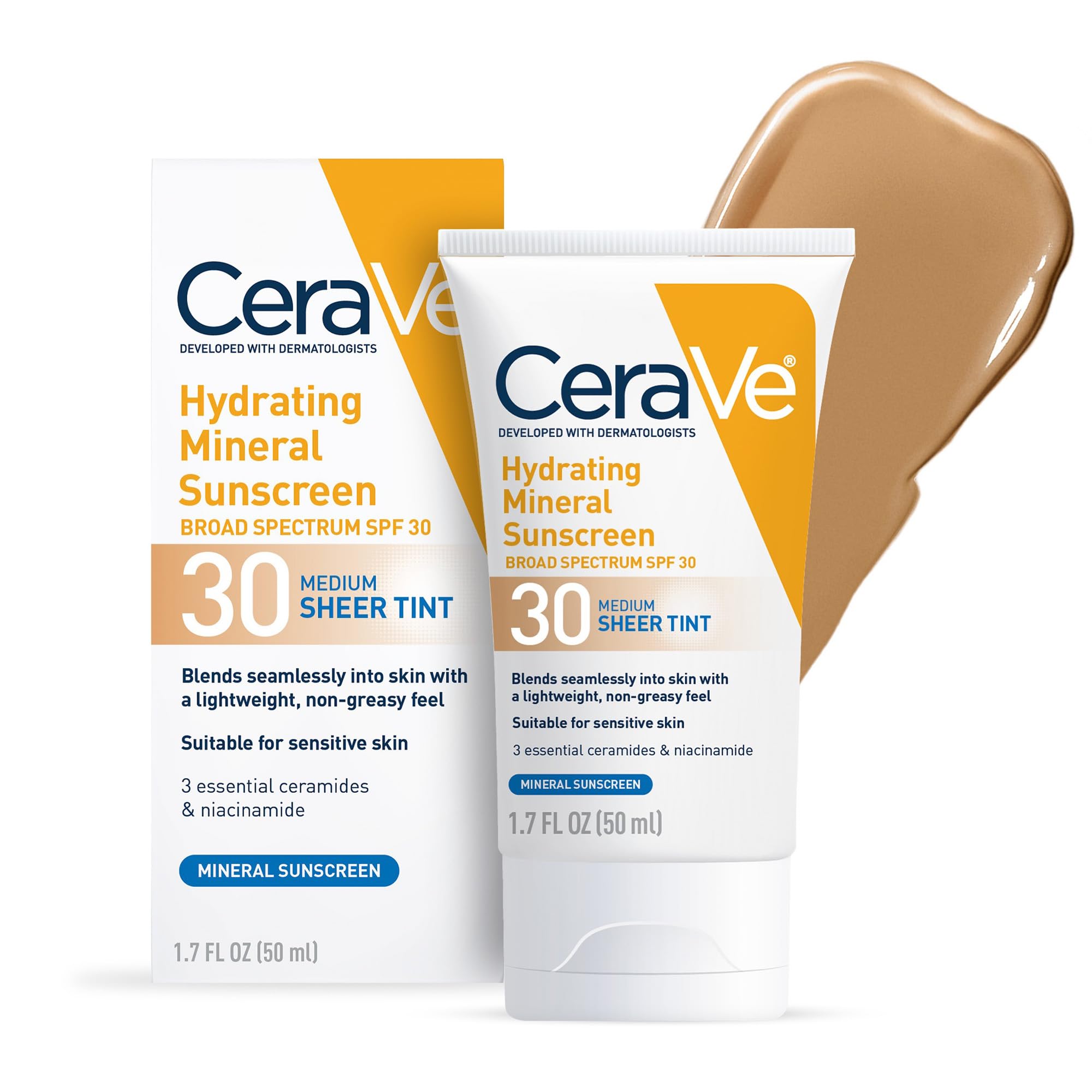 Version 1.0.0 CeraVe Hydrating Mineral Sunscreen SPF 30 with Sheer Tint, Tinted Mineral Sunscreen with Zinc Oxide & Titanium Dioxide, Blends Seamlessly For Healthy Glow, Medium, 1.7 Fluid Ounce - Image 1
